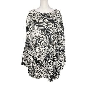 Cynthia Rowley Linen Blouse White Black Tropical Palm Lagenlook Womens Plus 2X‎